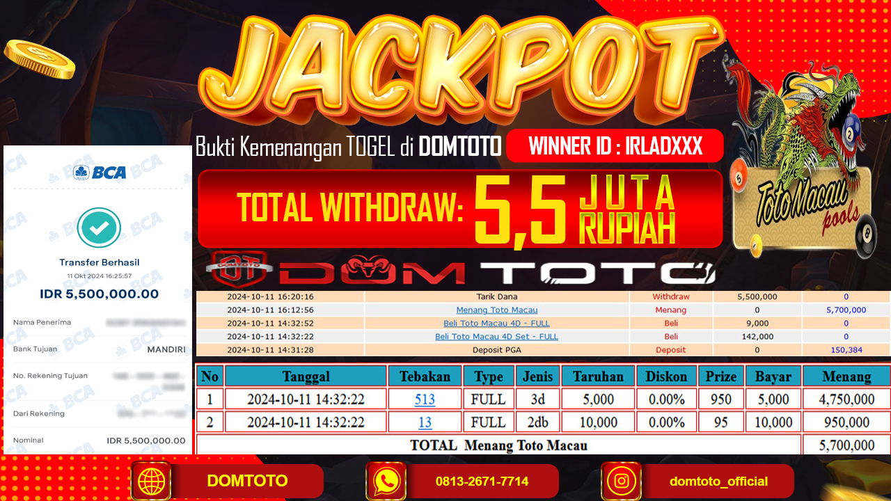 JACKPOT TOGEL TOTOMACAU 3D & 2D 11 OKTOBER 2024